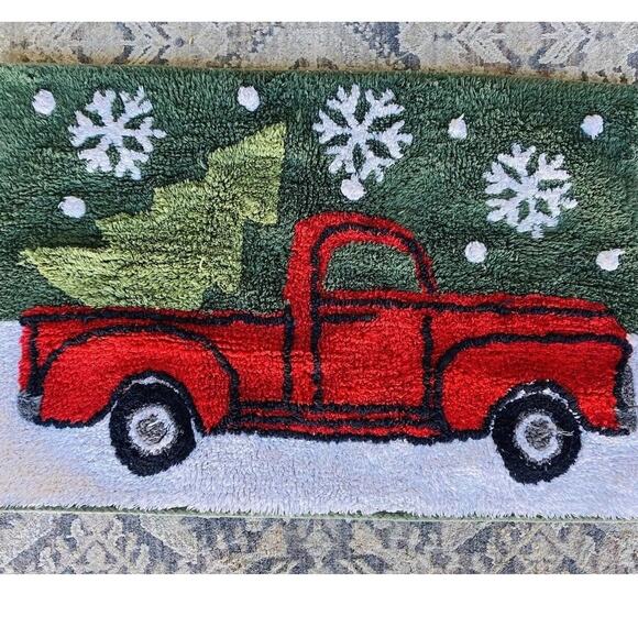 Christmas St Nicholas Square Farm Red Truck Bath Bathroom Door Mat Rug 20x30 Ind - Picture 1 of 8